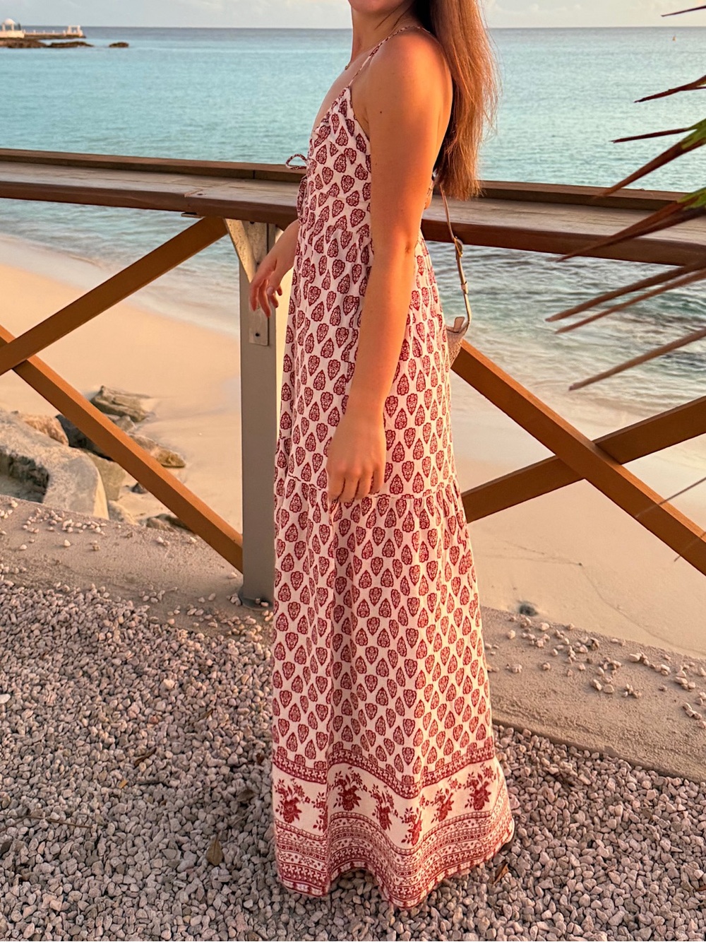 Cream and Deep Red Floral Pattern Dress